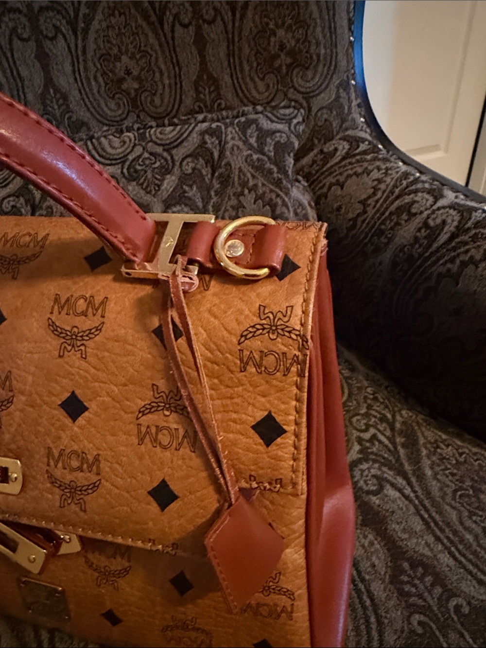 MCM Cognac Logo Visetos Top Handle Satchel with Gold Hardware - Picture 11 of 11